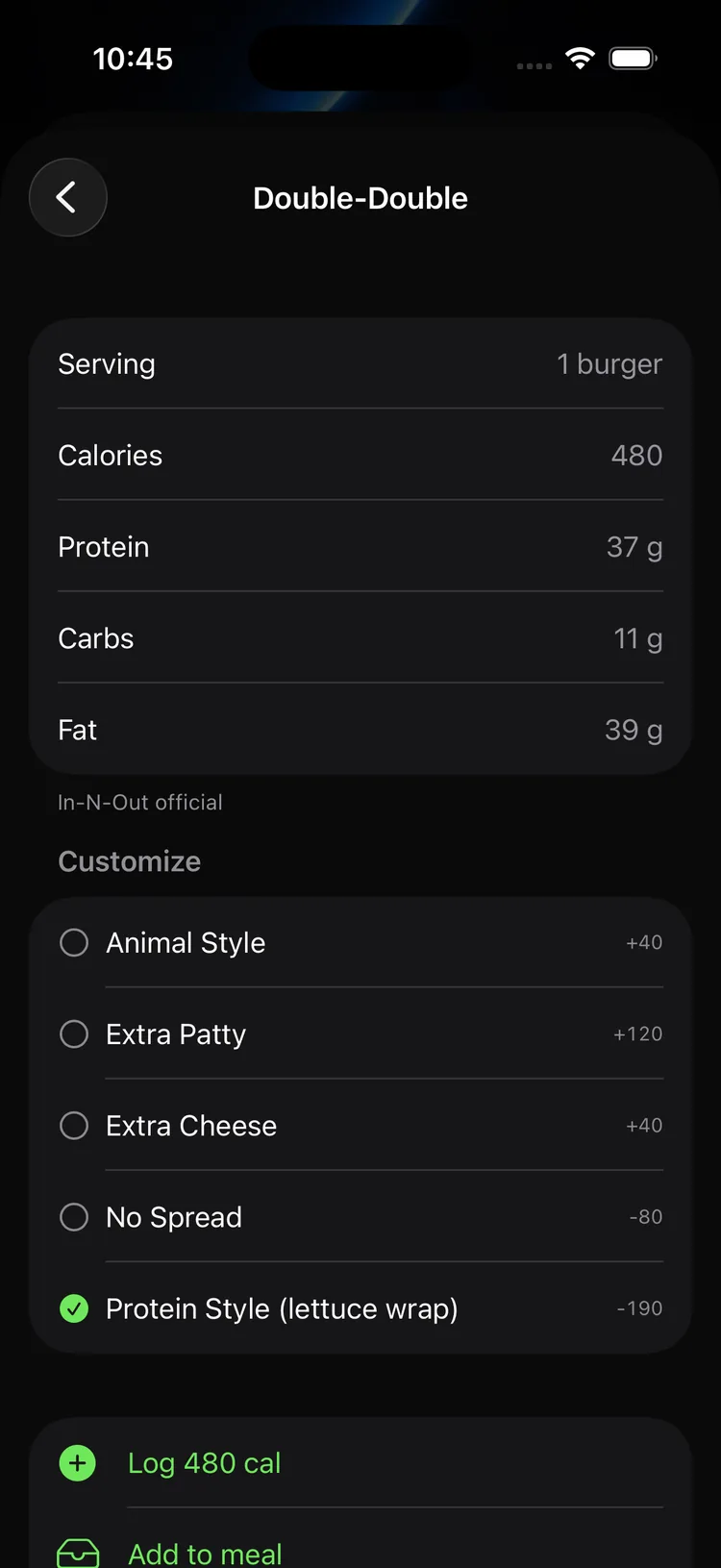 In-N-Out Double-Double detail marked In-N-Out official. The Protein Style modifier is checked and the log button reads Log 480 calories instead of 670